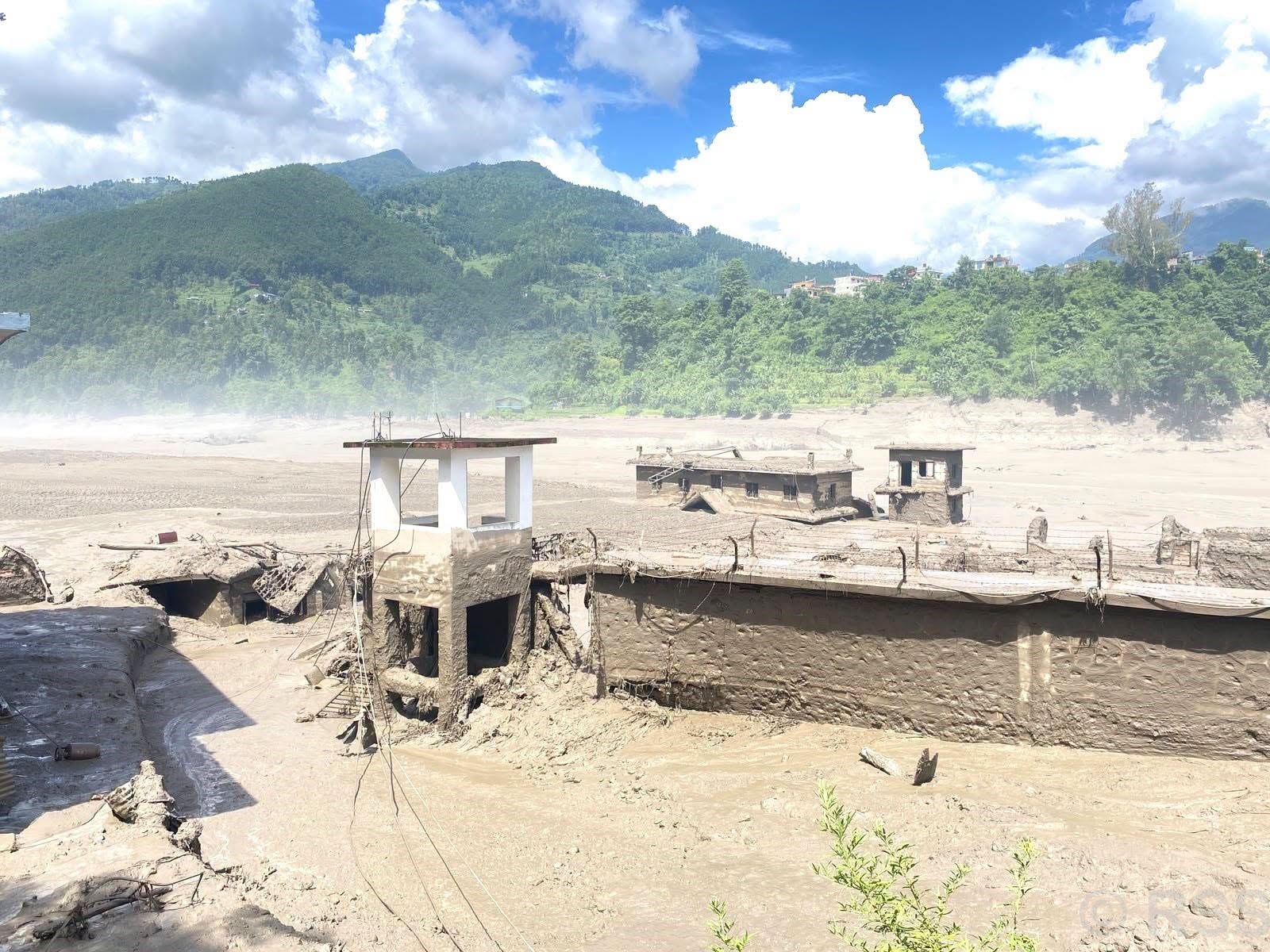 Flash flood hits rasuwa and sweeps through the Rasuwa district near the Langtang trek route, Nepal, August 26, 2026.